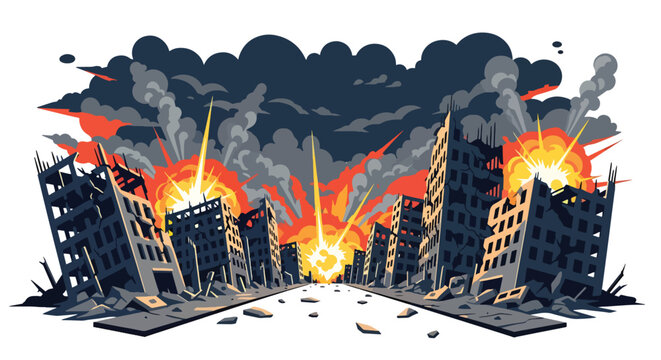 Flat style vector illustration of destroyed city buildings after war with broken structures and empty streets, representing urban devastation, conflict impact, and post-war environment
