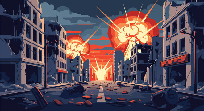 Flat style vector illustration of destroyed city buildings after war with broken structures and empty streets, representing urban devastation, conflict impact, and post-war environment