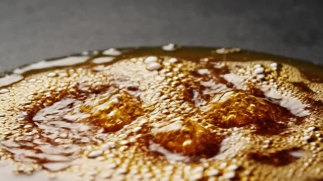Close-up of golden liquid splashing in a pan with bubbling texture, food and drink concept