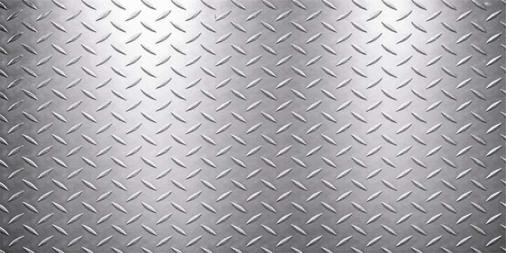 Diamond plate steel texture background, silver metallic tread pattern surface with raised rhombus design, industrial chrome metal backdrop for construction and design
