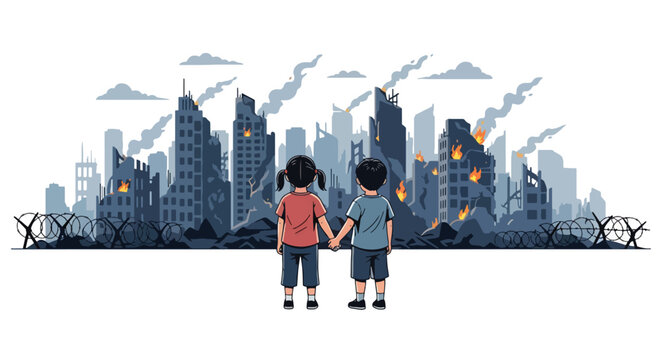 Flat style vector illustration of children holding hands in front of damaged city, representing hope, unity, resilience, and future peace despite war conditions