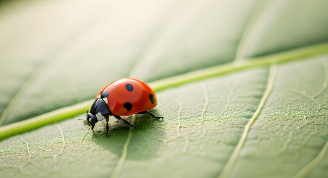 A ladybug walks across a leaf vein in a close-up macro shot with bright soft lighting.