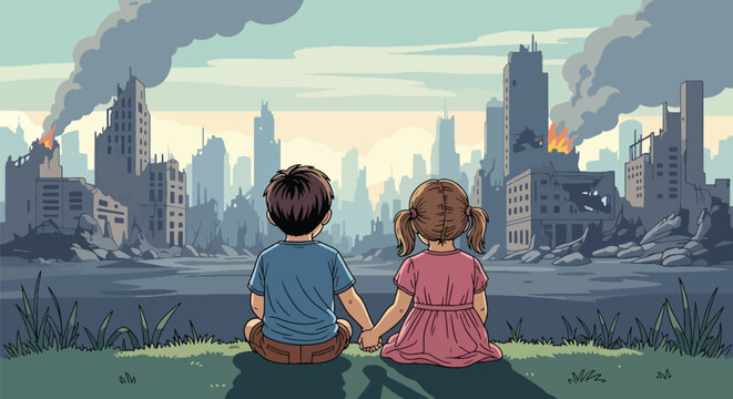 Flat style vector illustration of children holding hands in front of damaged city, representing hope, unity, resilience, and future peace despite war conditions