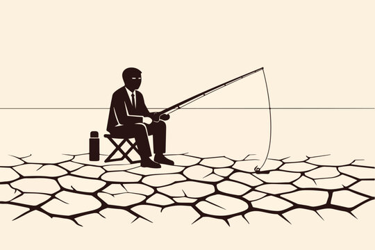 Cold Outbound Sales Concept with Salesperson Fishing in Empty Desert Market Symbolizing Ineffective Prospecting and Poor Audience Targeting Illustration