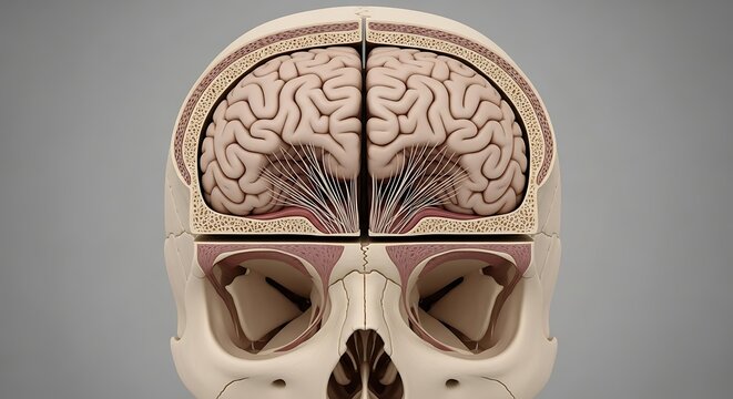 Anatomical front view of human brain and skull sections, detailing neural tissue