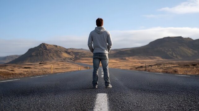 A solitary figure stands at the center of an empty road gazing toward distant rolling hills and a vast sky