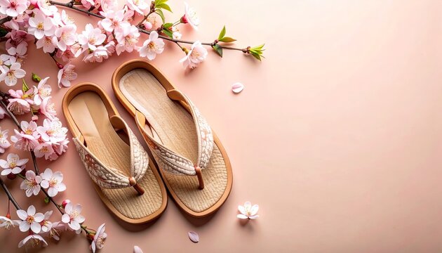 Elegant Zori Sandals Paired with Delicate Cherry Blossoms on Pastel Background