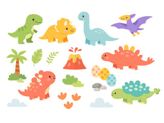 Set of cute dinosaurs including triceratops, stegosaurus, brachiosaurus and pterodactyl with volcano, eggs and plants in flat style © Тетяна Костів