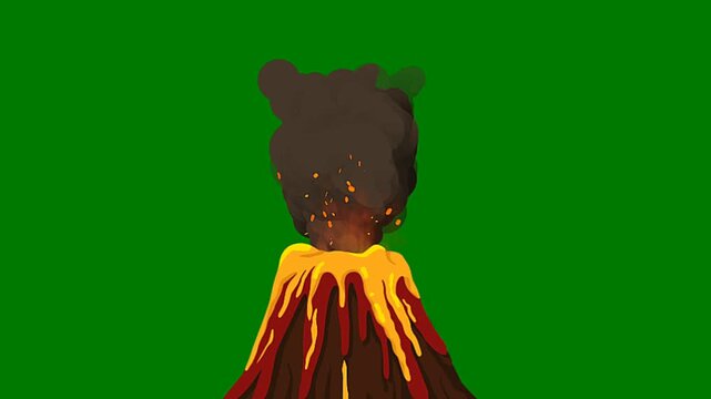 Animated volcano erupting with lava and smoke against a green screen background.