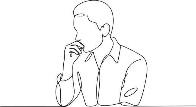 Continuous line drawing of a man sitting at a table looking thoughtful
