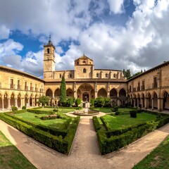 Fototapeta premium A grand cloister courtyard with manicured gardens and a central fountain
