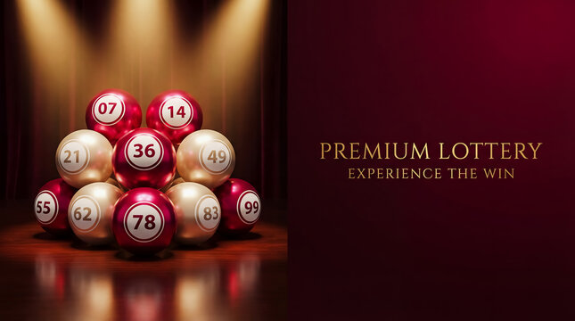 lottery lotto jackpot balls draw numbers luck prize chance win luxury red and gold stage composition with glowing numbered spheres and dramatic spotlights creating a festive jackpot atmosphere