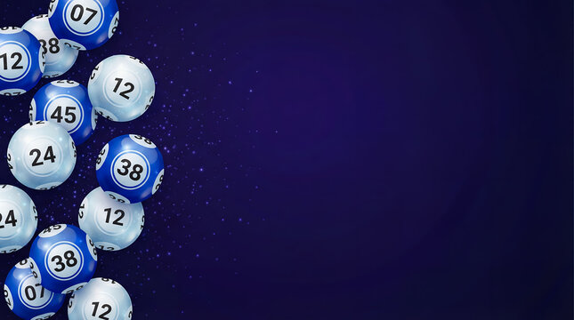 lottery lotto jackpot balls draw numbers luck prize chance win blue silver numbered balls arranged as a sleek border on a deep sparkling background leaving clear space for promotional messaging