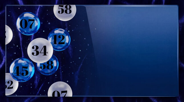 lottery lotto jackpot balls draw numbers luck prize chance win blue silver lottery border with clear rectangular copy area and reflective balls built for banner offers and jackpot announcements