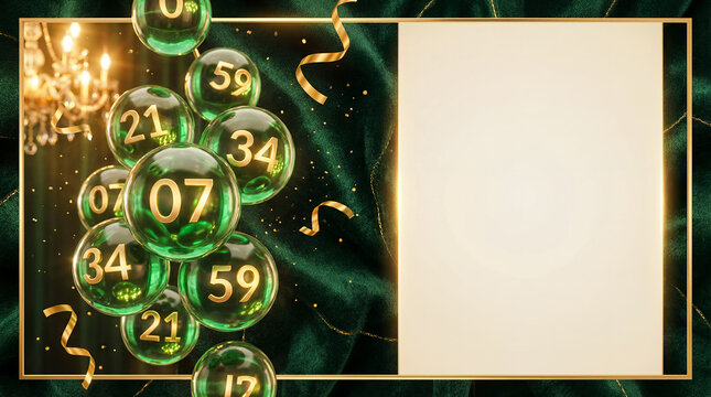 lottery lotto jackpot balls draw numbers luck prize chance win ornate green and gold frame layout with luminous balls and wide center panel built for prize messaging and campaign headers