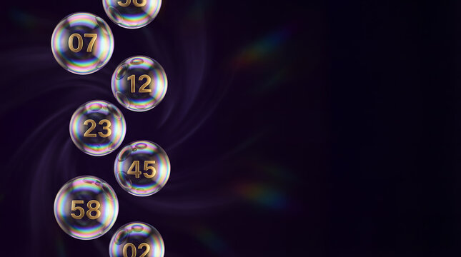 lottery lotto jackpot balls draw numbers luck prize chance win gold and blue numbered balls along a dark purple border with rainbow flare creating glamorous motion and celebratory jackpot energy