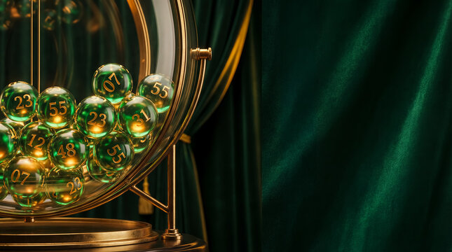 lottery lotto jackpot balls draw numbers luck prize chance win emerald lottery machine scene with golden numbered balls and soft drapery suggesting anticipation wealth and ceremonial prize drawing