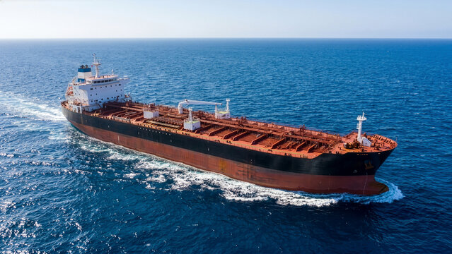 Aerial Side View of Large Crude Oil Tanker Ship Navigating Open Blue Ocean on Clear Sunny Day