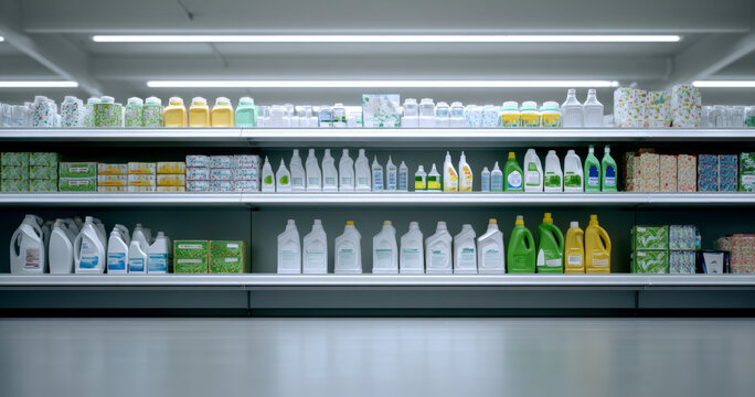 Supermarket shelves stocked with various cleaning products and detergents in plastic bottles and boxes under bright fluorescent lighting