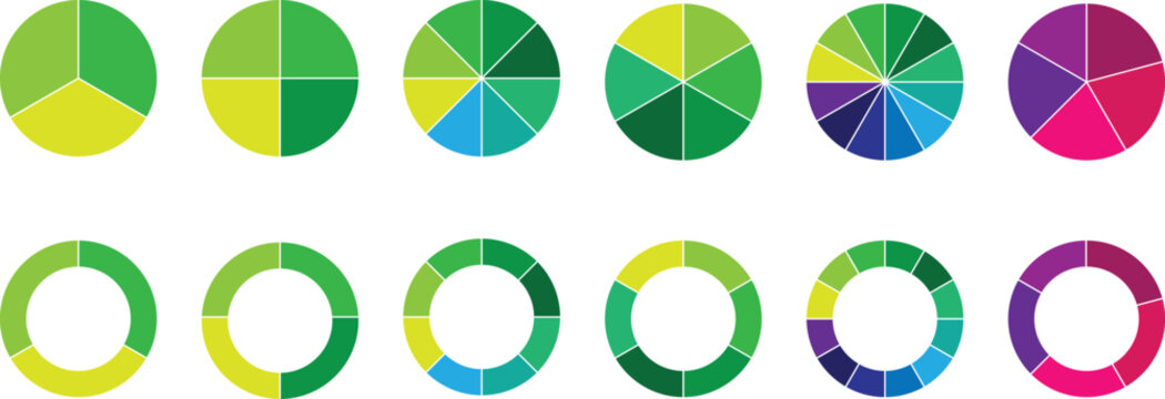 Segmented circles set. Wheel round diagram part set. Segment slice sign. Pie chart icon. Fraction big set, of wheel diagrams. 2,3,4,5,6 segment infographic. Vector.
