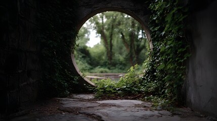 An overgrown arched passage frames a view into a dense wild forest symbolizing natural explo n and hidden beauty