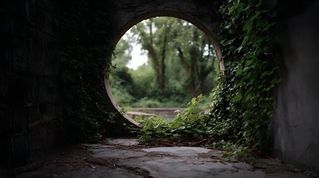 An overgrown arched passage frames a view into a dense wild forest symbolizing natural explo n and hidden beauty