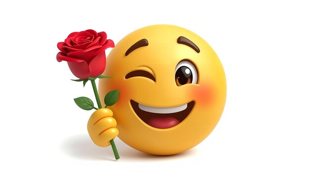 Winking smiley emoji holding red rose on white background symbolizing affection, flirtation, and appreciation