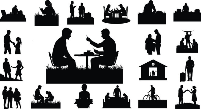 Various people black silhouette collection engaging in everyday activities and interactions