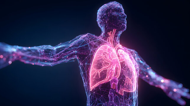Digital twin human body medical visualization glowing organ network lungs heart vascular system neural mesh futuristic anatomy