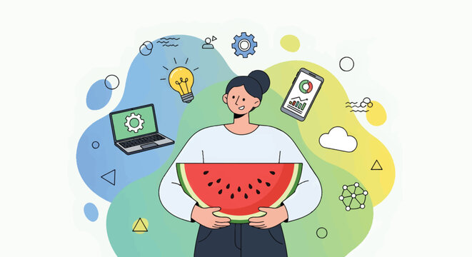 A young man happily holds a large slice of watermelon surrounded by a laptop computer with eco friendly symbols and a smartphone on a colorful background with various icons and shapes floating around.