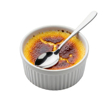 Delicious caramelized cr&egrave;me br&ucirc;l&eacute;e in a ceramic ramekin with a spoon