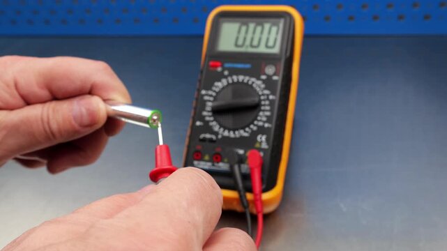 Measuring the voltage of alkaline batteries using a digital multimeter.