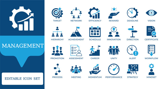 Business Management and Corporate Strategy Icons. Featuring teamwork, goal achievement, career growth, and time management symbols. Professional two-tone vector for productivity apps