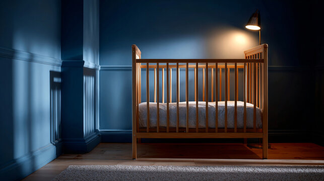 Empty wooden baby crib illuminated by warm floor lamp in dimly lit blue nursery room with shadows on walls and soft carpet flooring