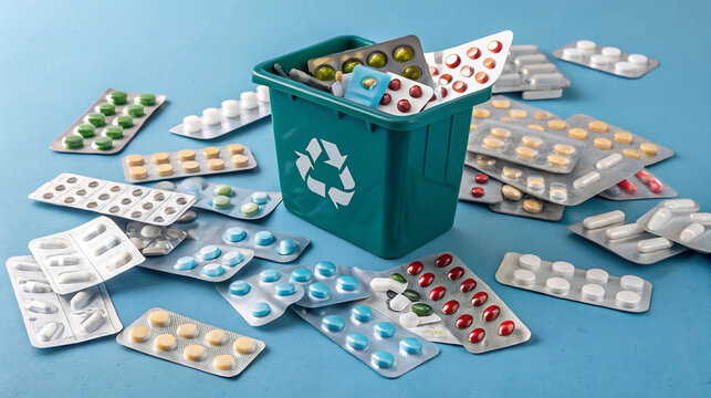 Recycling bin with discarded medicine blister packs, pharmaceutical waste management, environmental protection concept, healthcare sustainability awareness campaign