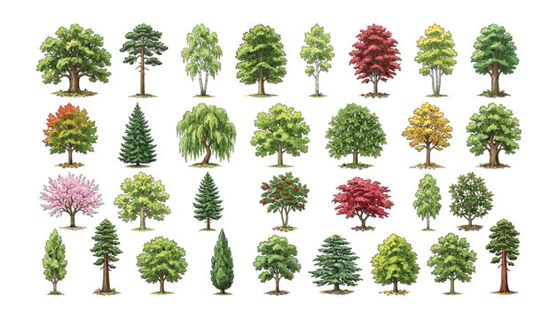 Diverse trees vector illustrations, seasons changing forest park nature landscape elements.