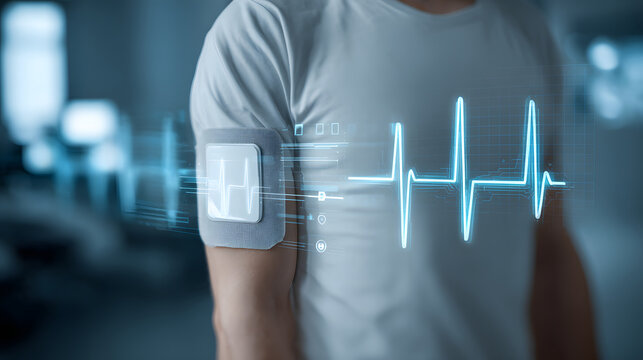 Wireless medical adhesive patch on upper arm monitoring heart rhythm with glowing ECG overlay, modern wearable health sensor