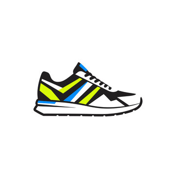 Colorful sneaker with white laces.