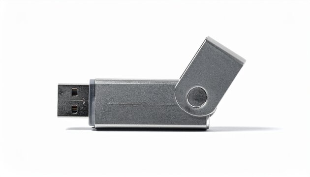 USB flash drive isolated on white background, portable data storage device used for transferring and saving digital files.