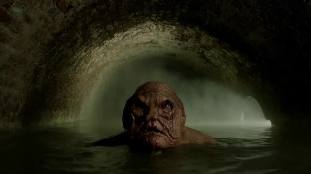 Tracking shot of humanoid monster surfacing and swimming toward camera inside dim brick sewer tunnel with foggy backlight