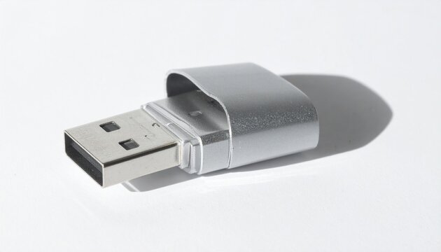 USB flash drive isolated on white background, portable data storage device used for transferring and saving digital files.