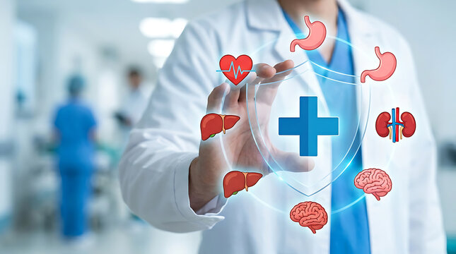 Medical healthcare technology concept, doctor holding digital icons of human organs, internal medicine and diagnostics in hospital clinic