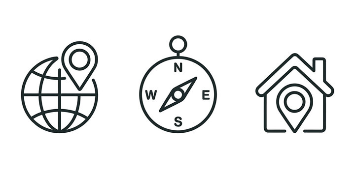 Navigation icons for travel and location services online  globe compass house