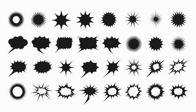 Collection of minimalist vector pop art elements featuring jagged star shapes, comic book stickers, and radial splash icons.eps