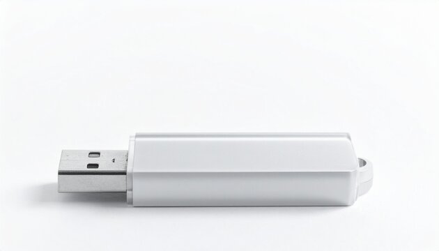 USB flash drive isolated on white background, portable data storage device used for transferring and saving digital files.