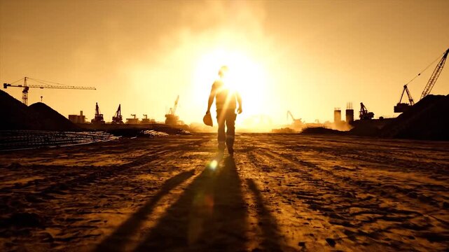 construction worker walking towards sunset on a building site