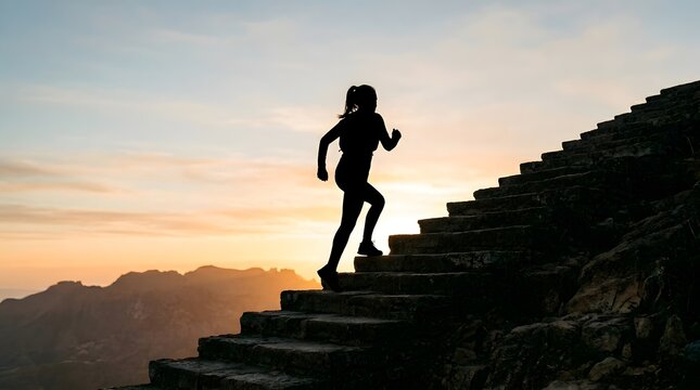 A woman runs up a mountain staircase towards a vibrant sunset