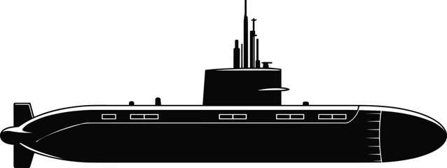 Black submarine silhouette illustration, underwater vessel vector, military submarine outline, naval transport graphic, isolated submarine design, underwater navigation stock image © MdAriful