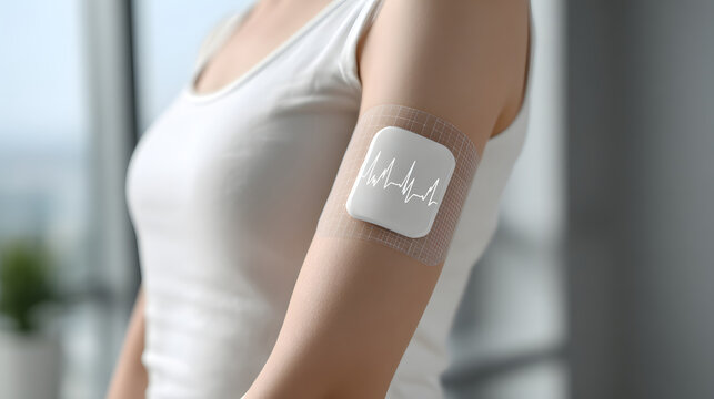Smart medical patch on arm monitoring vital signs wearable sensor detecting heart rhythm and activity with transparent adhesive on upper arm
