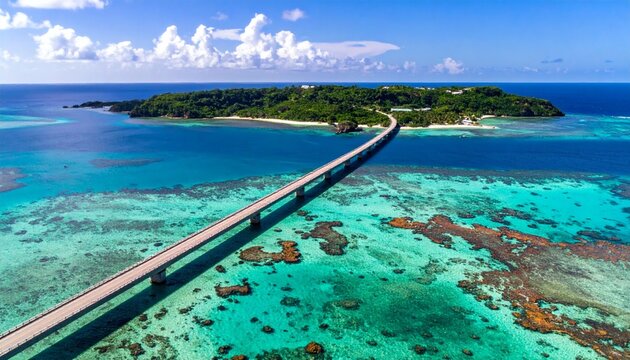 Aerial view of Kouri Bridge crossing turquoise tropical water in Okinawa